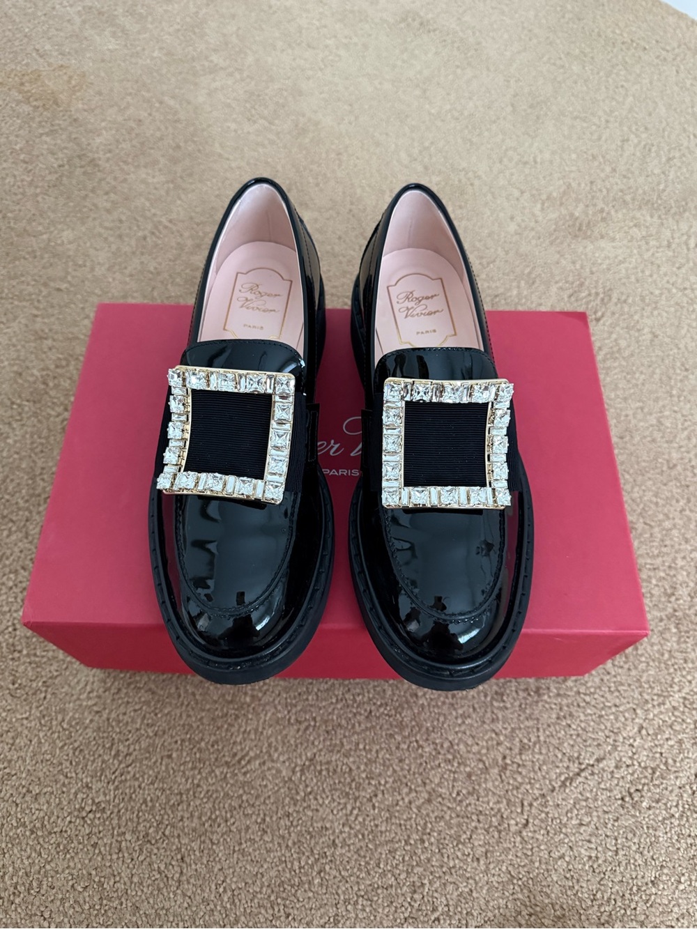 Roger Vivier Black Patent Leather Loafers with Crystal Buckles